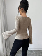 Cowl Neck Asymmetrical Shoulder Flared Long Sleeve Asymmetrical Hem Elastic Waist T-Shirt shein