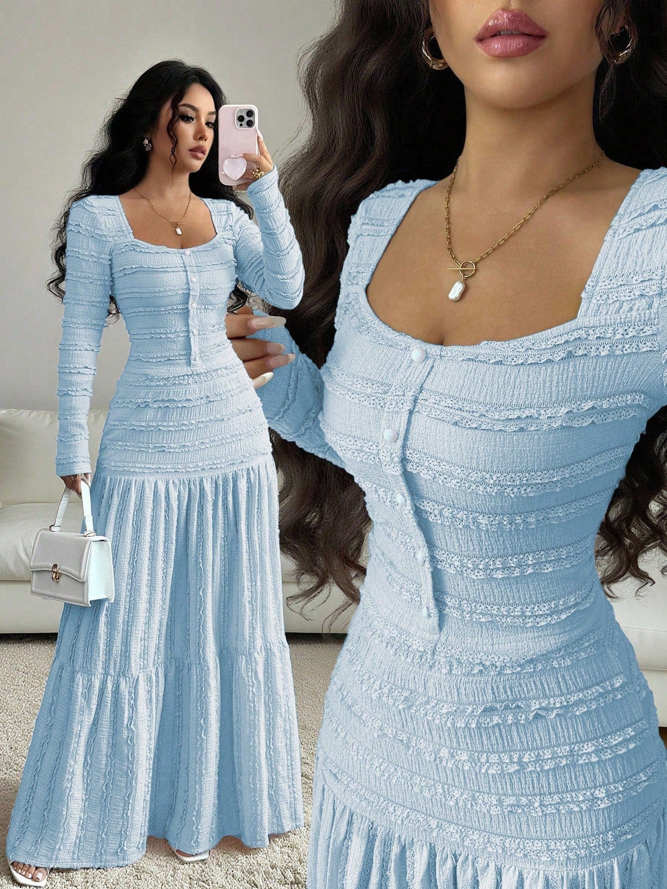 Vacation Style Long Sleeve Square Neck Button-Up Top With Paneled Design And Flared Skirt shein