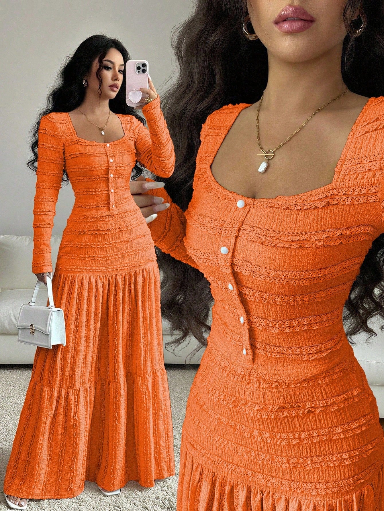 Vacation Style Long Sleeve Square Neck Button-Up Top With Paneled Design And Flared Skirt shein