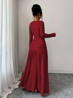Vacation Style Long Sleeve Square Neck Button-Up Top With Paneled Design And Flared Skirt shein