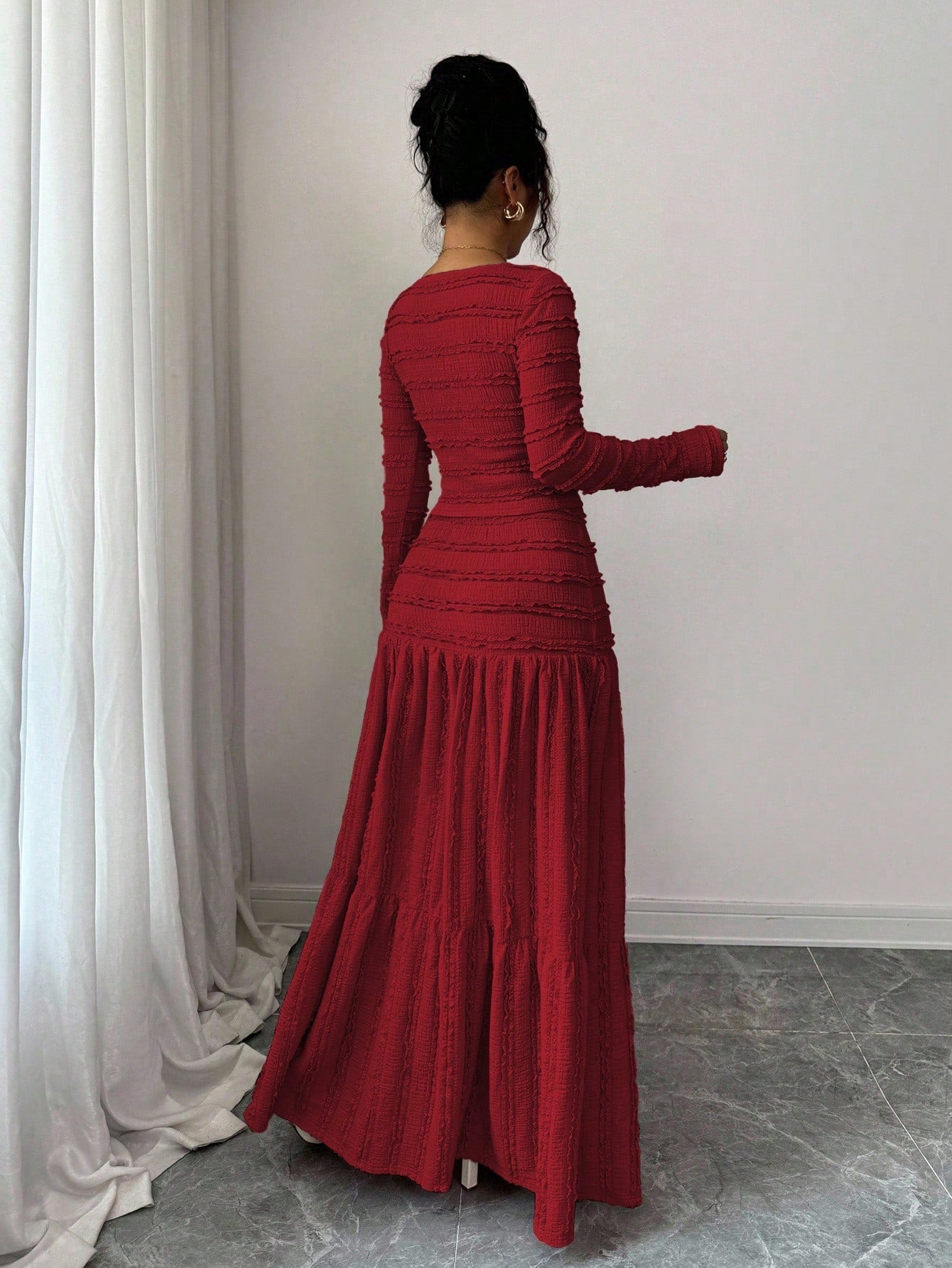Vacation Style Long Sleeve Square Neck Button-Up Top With Paneled Design And Flared Skirt shein