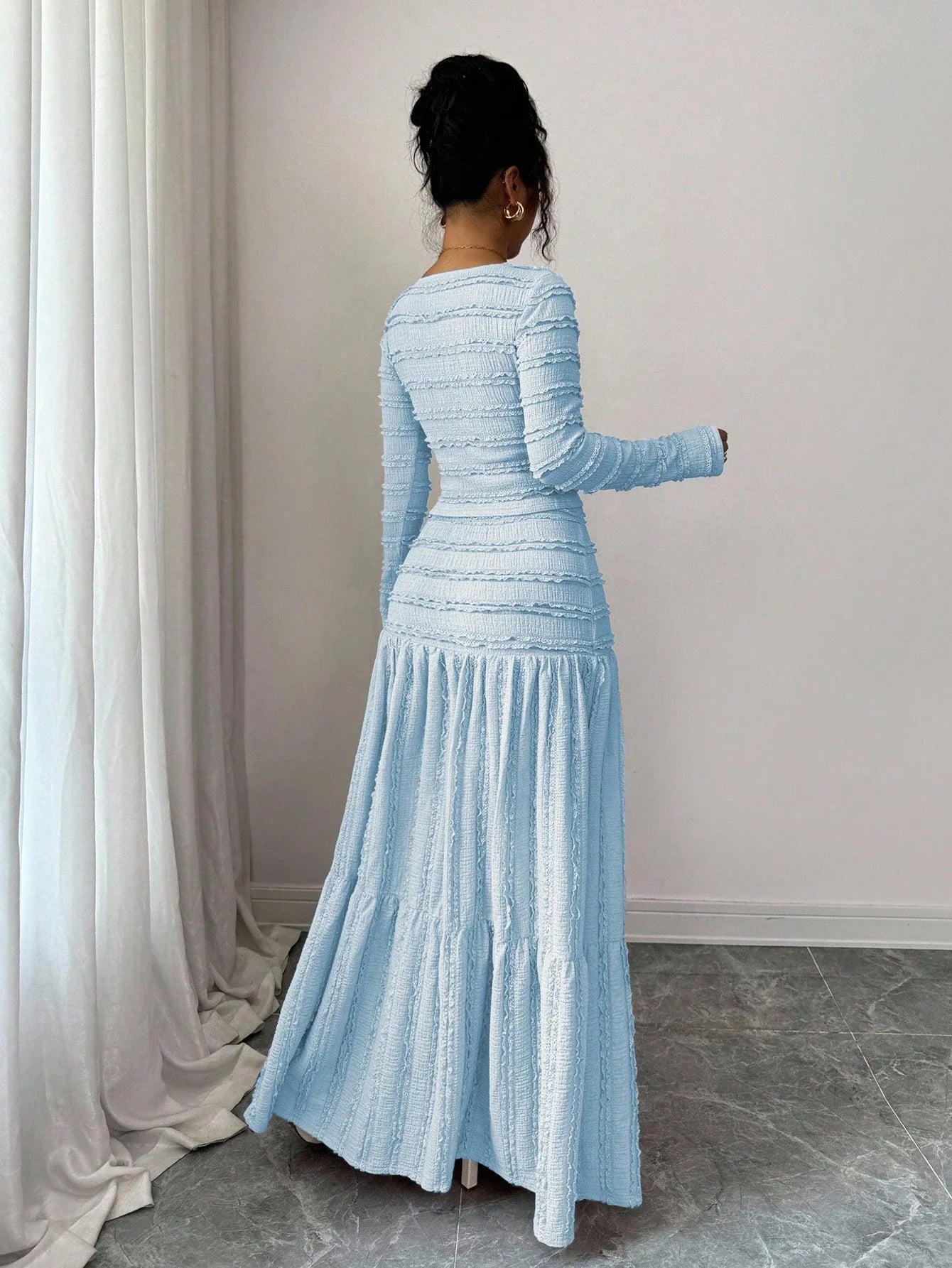 Vacation Style Long Sleeve Square Neck Button-Up Top With Paneled Design And Flared Skirt shein