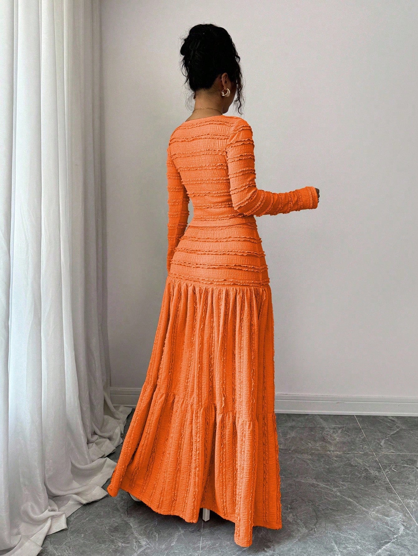 Vacation Style Long Sleeve Square Neck Button-Up Top With Paneled Design And Flared Skirt shein