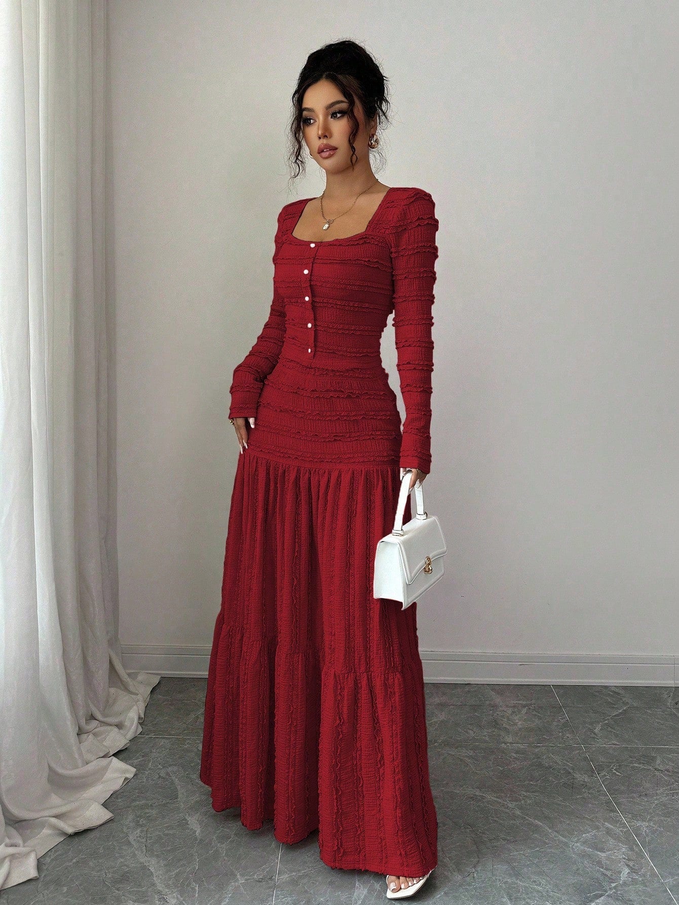 Vacation Style Long Sleeve Square Neck Button-Up Top With Paneled Design And Flared Skirt shein