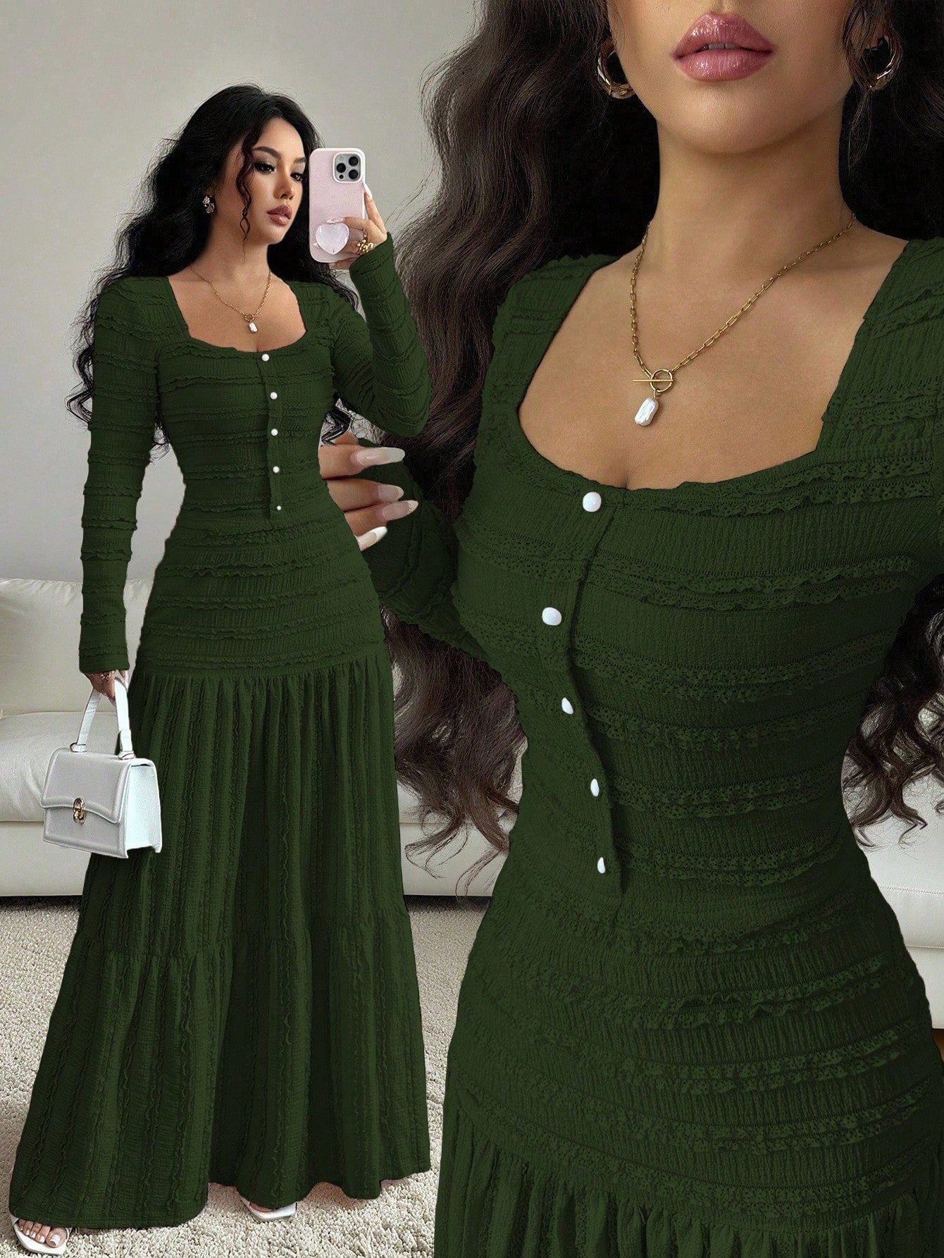 Vacation Style Long Sleeve Square Neck Button-Up Top With Paneled Design And Flared Skirt shein