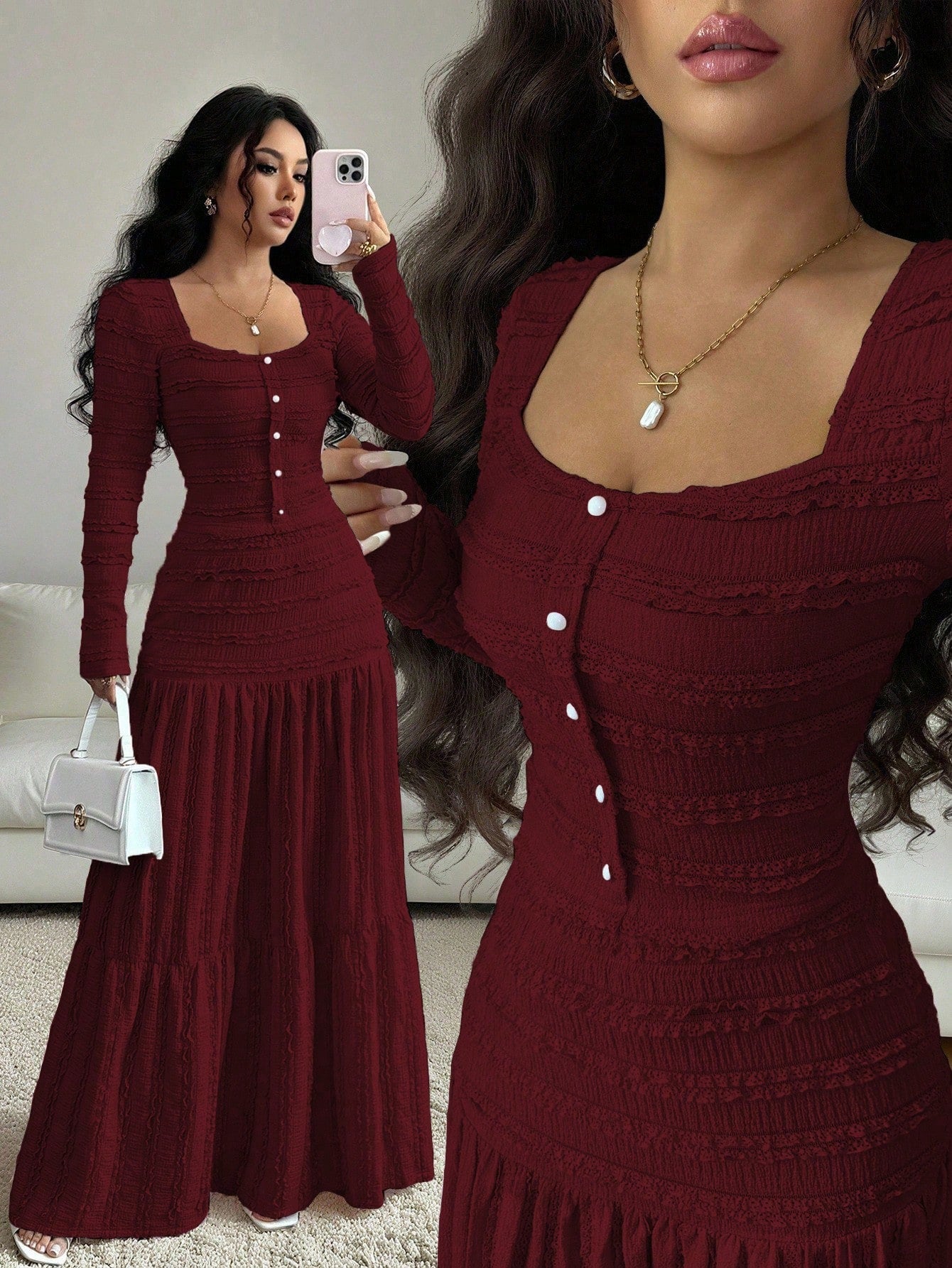Vacation Style Long Sleeve Square Neck Button-Up Top With Paneled Design And Flared Skirt shein