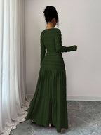 Vacation Style Long Sleeve Square Neck Button-Up Top With Paneled Design And Flared Skirt shein