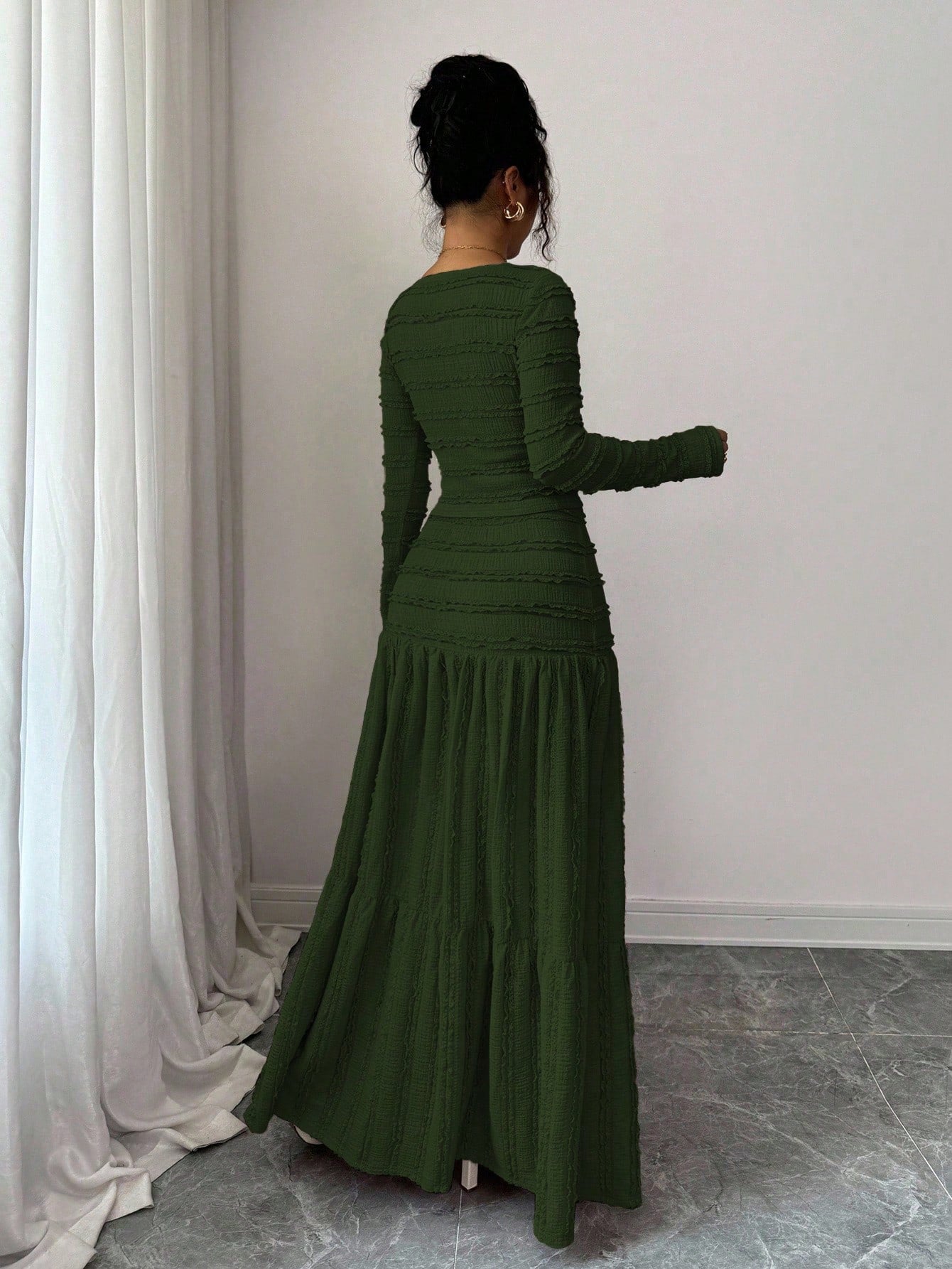 Vacation Style Long Sleeve Square Neck Button-Up Top With Paneled Design And Flared Skirt shein