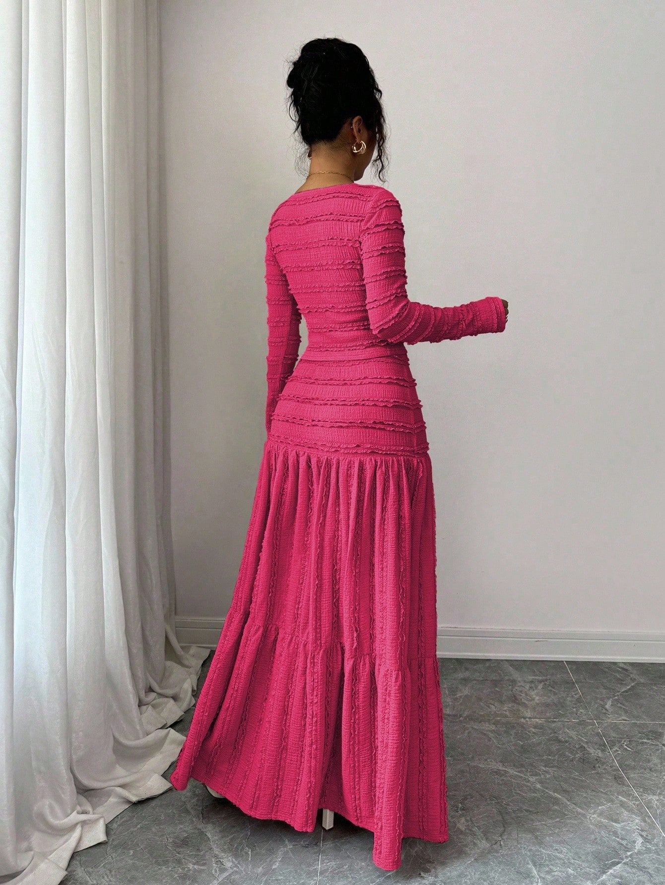 Vacation Style Long Sleeve Square Neck Button-Up Top With Paneled Design And Flared Skirt shein