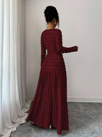 Vacation Style Long Sleeve Square Neck Button-Up Top With Paneled Design And Flared Skirt shein