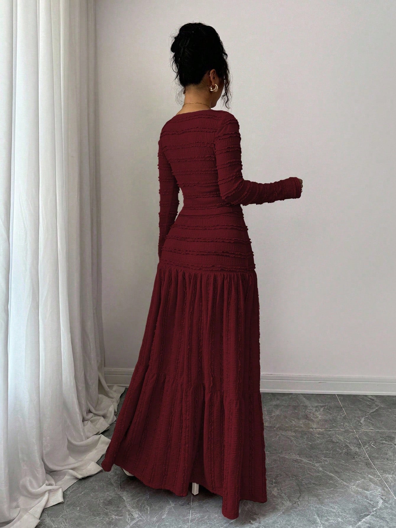Vacation Style Long Sleeve Square Neck Button-Up Top With Paneled Design And Flared Skirt shein