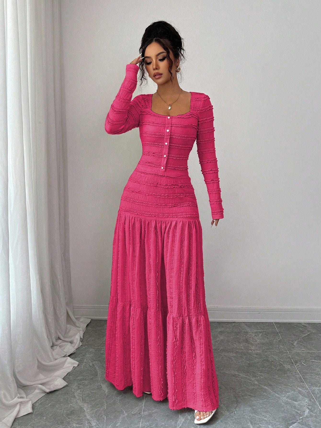 Vacation Style Long Sleeve Square Neck Button-Up Top With Paneled Design And Flared Skirt shein