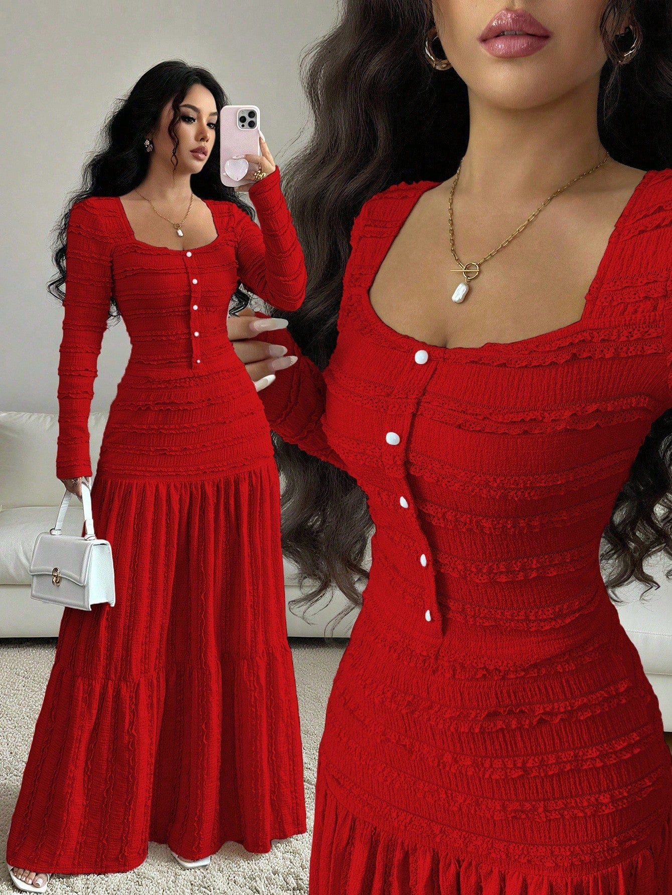 Vacation Style Long Sleeve Square Neck Button-Up Top With Paneled Design And Flared Skirt shein