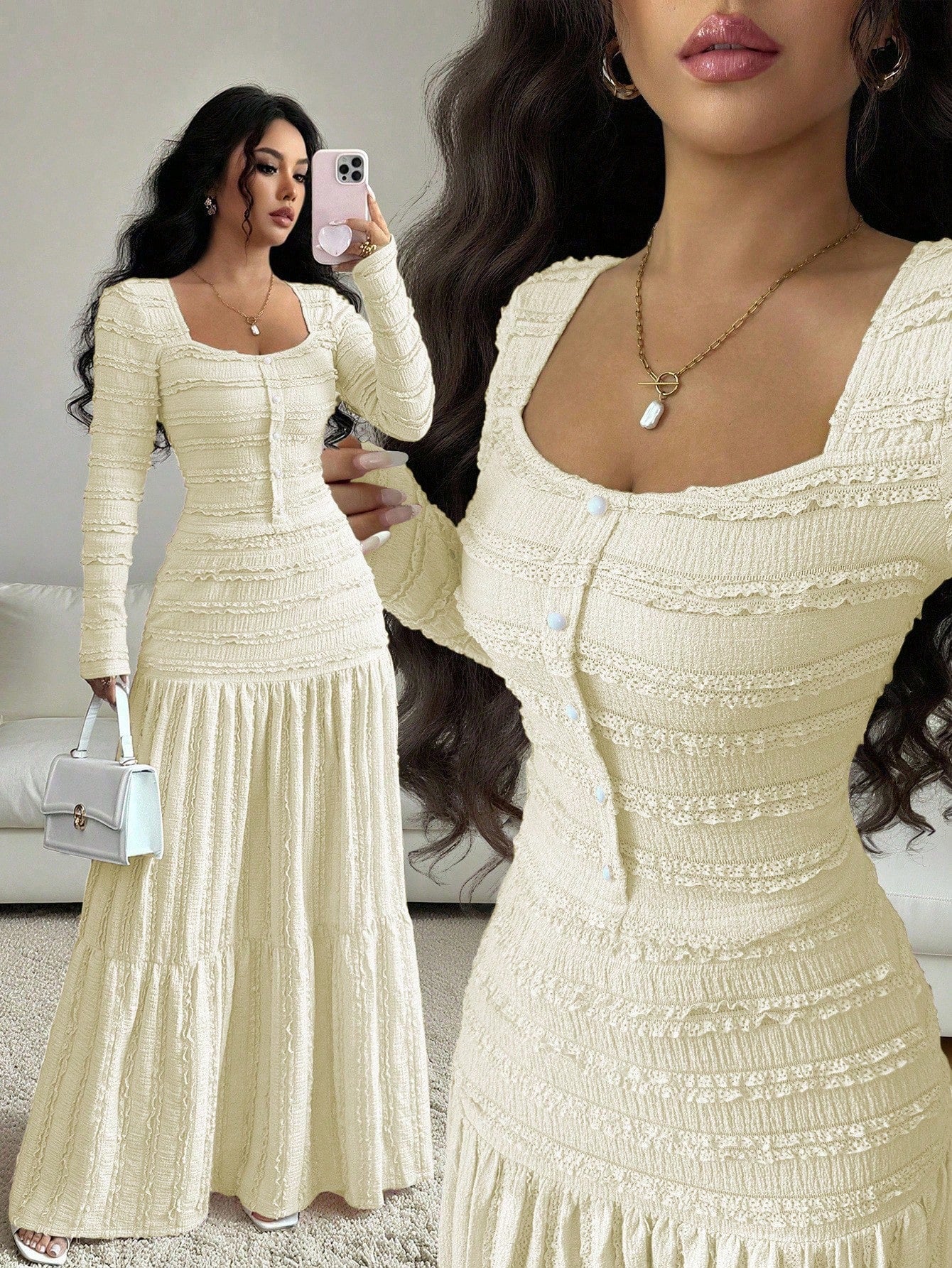Vacation Style Long Sleeve Square Neck Button-Up Top With Paneled Design And Flared Skirt shein