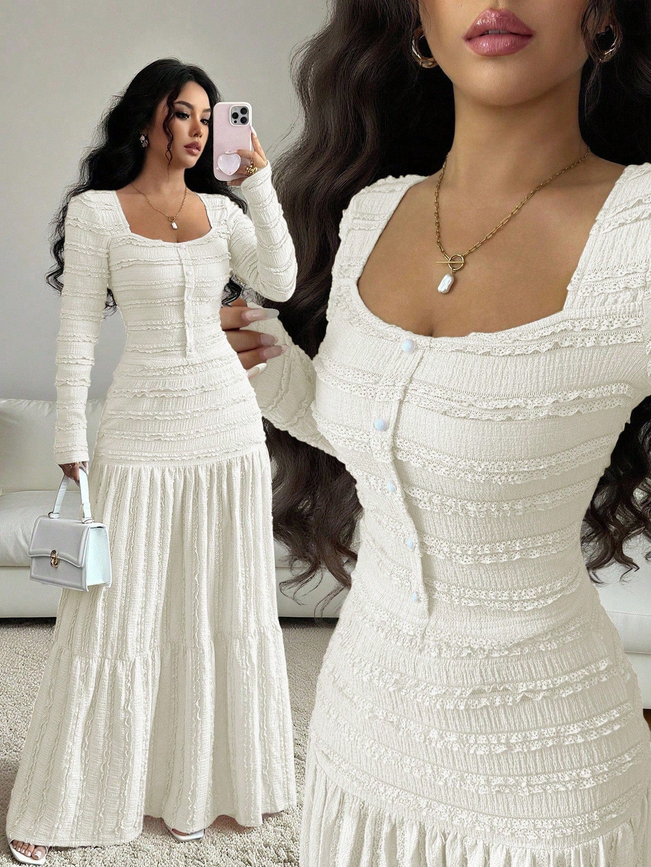 Vacation Style Long Sleeve Square Neck Button-Up Top With Paneled Design And Flared Skirt shein