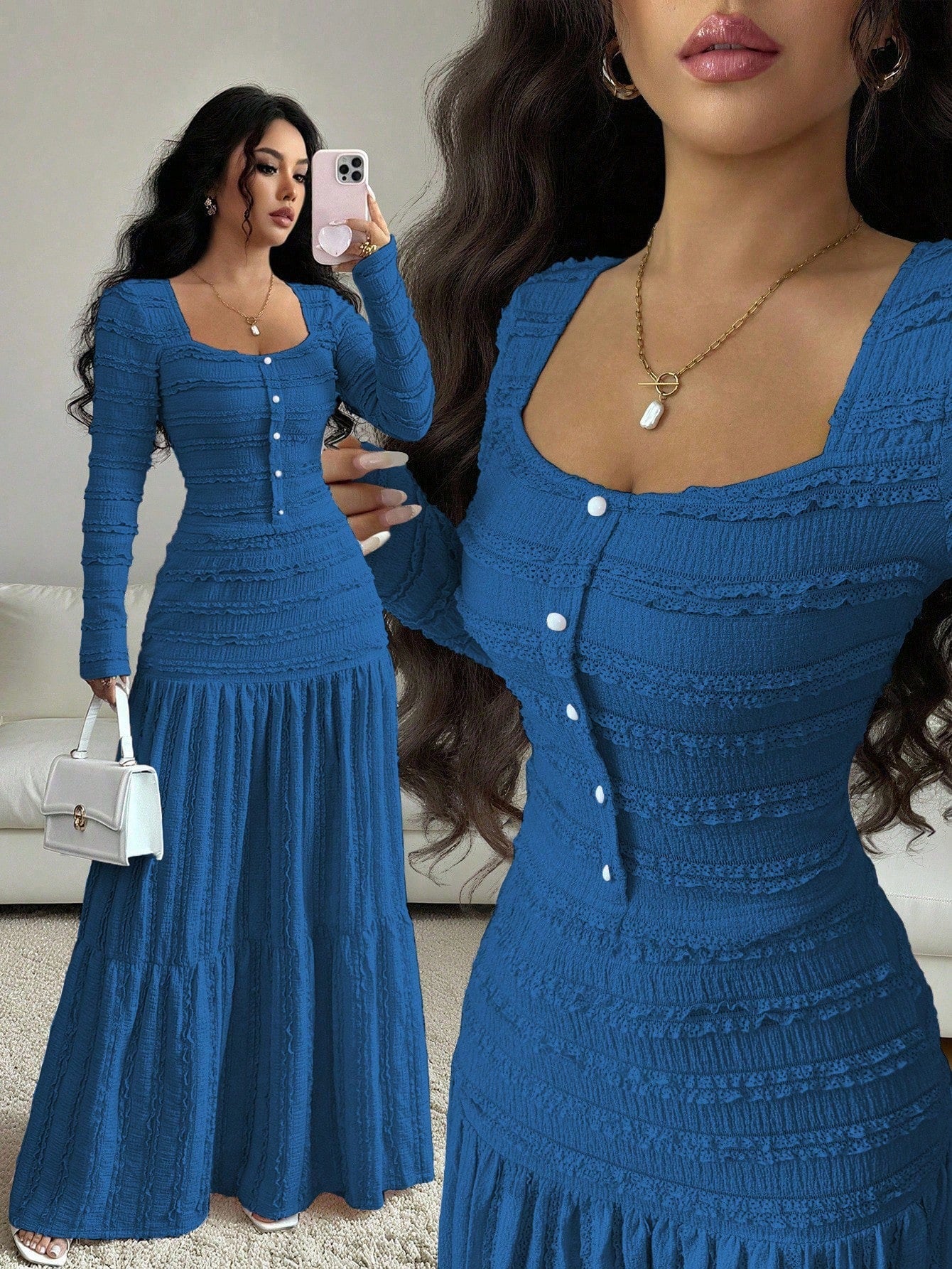 Vacation Style Long Sleeve Square Neck Button-Up Top With Paneled Design And Flared Skirt shein