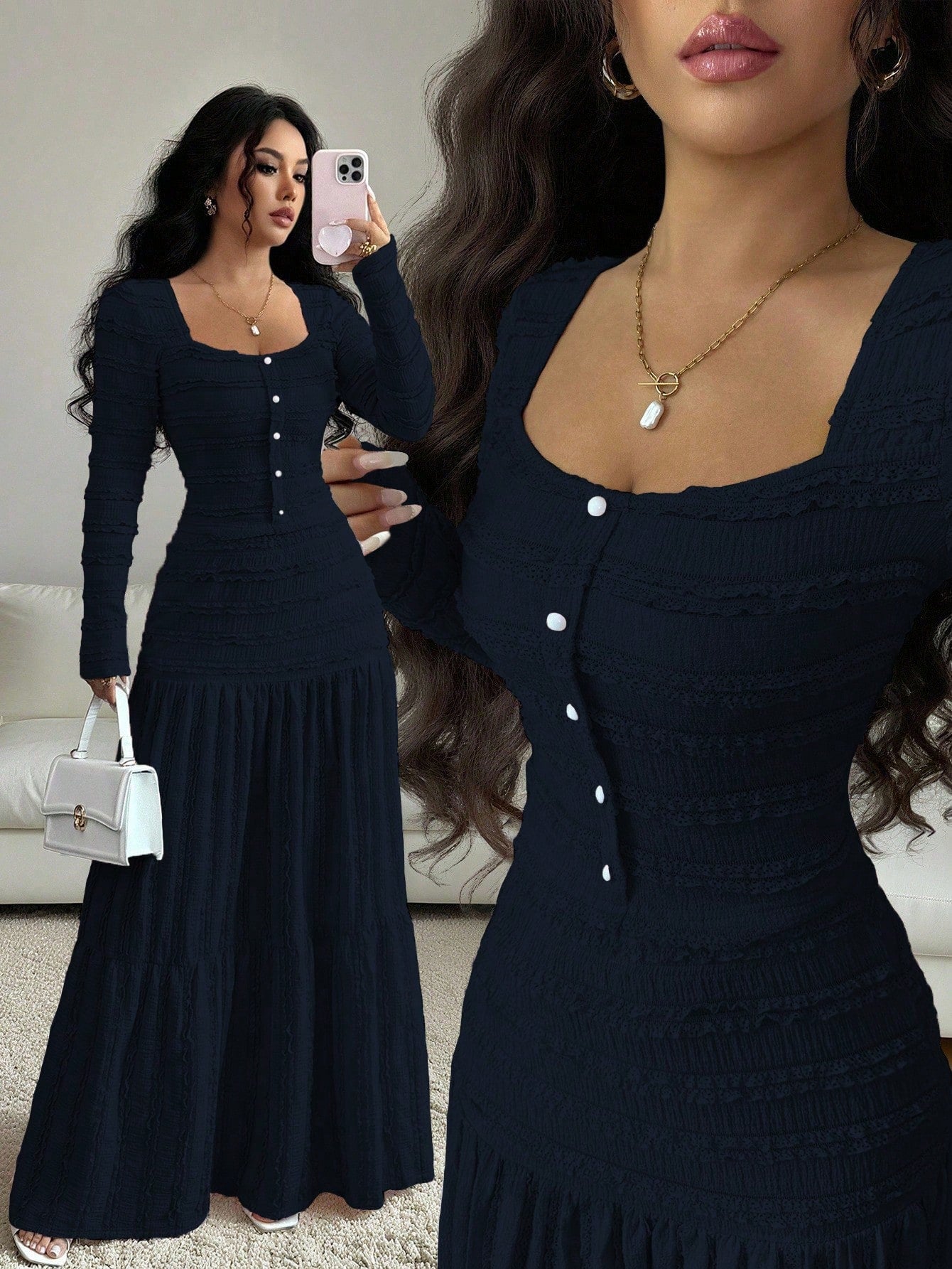 Vacation Style Long Sleeve Square Neck Button-Up Top With Paneled Design And Flared Skirt shein