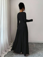 Vacation Style Long Sleeve Square Neck Button-Up Top With Paneled Design And Flared Skirt shein