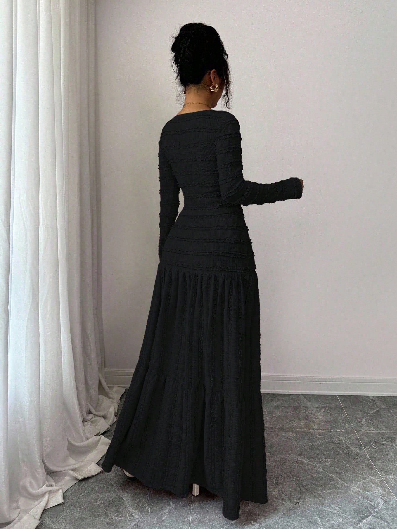 Vacation Style Long Sleeve Square Neck Button-Up Top With Paneled Design And Flared Skirt shein