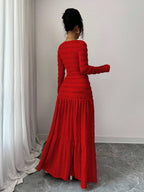 Vacation Style Long Sleeve Square Neck Button-Up Top With Paneled Design And Flared Skirt shein