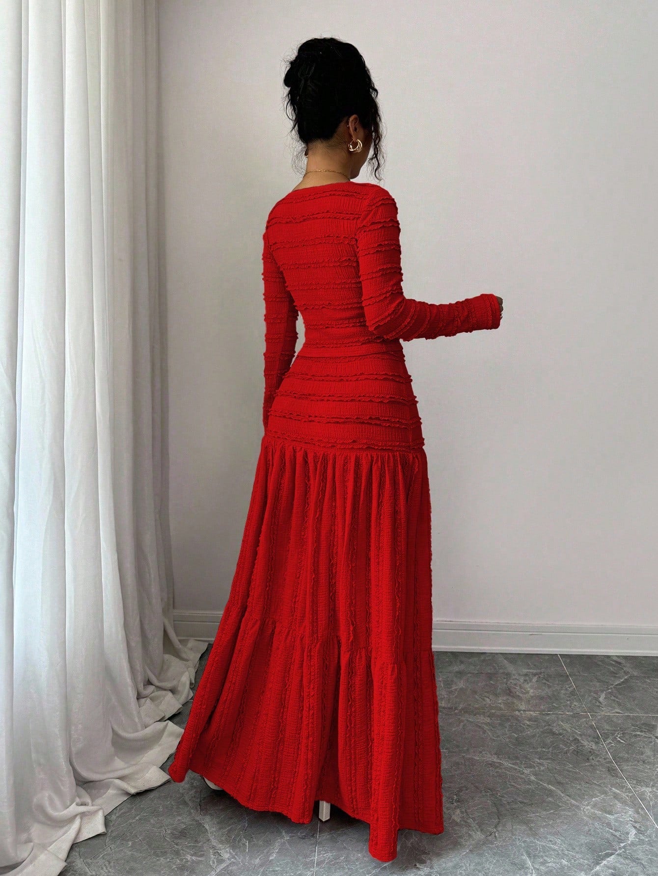 Vacation Style Long Sleeve Square Neck Button-Up Top With Paneled Design And Flared Skirt shein