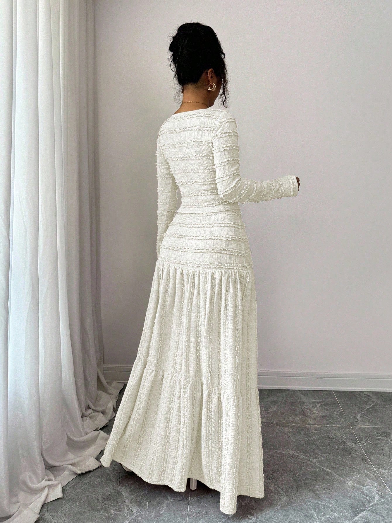 Vacation Style Long Sleeve Square Neck Button-Up Top With Paneled Design And Flared Skirt shein