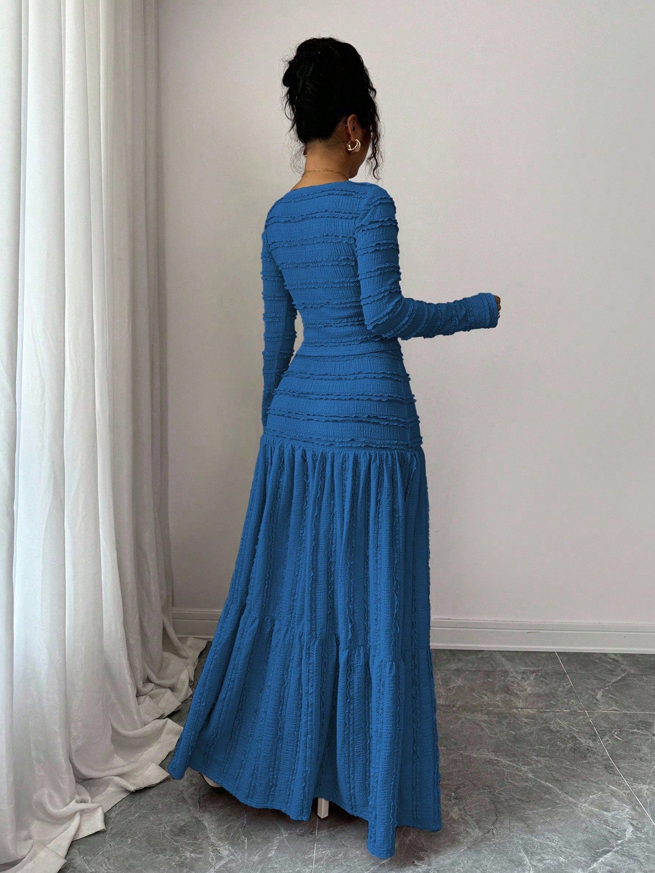 Vacation Style Long Sleeve Square Neck Button-Up Top With Paneled Design And Flared Skirt shein