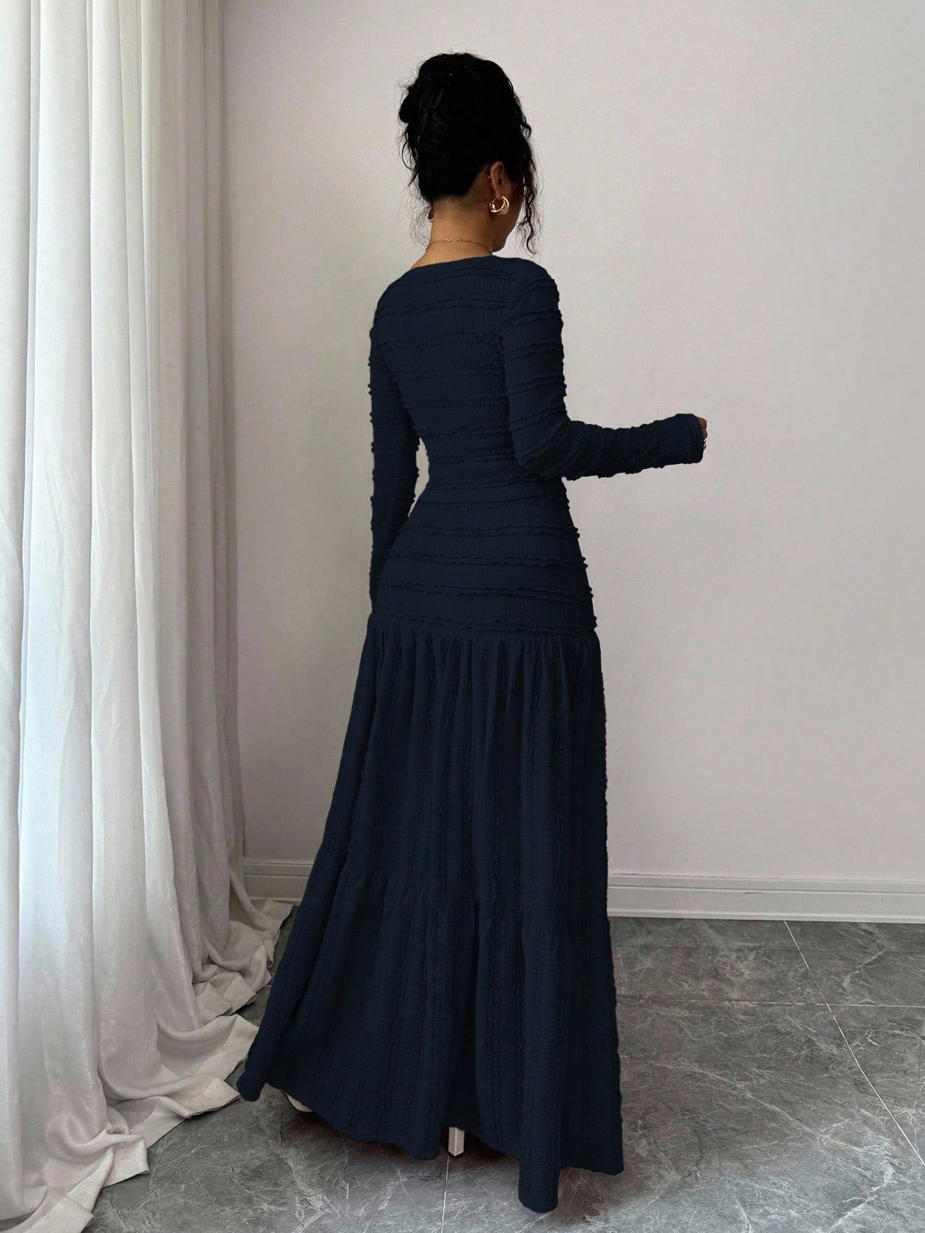 Vacation Style Long Sleeve Square Neck Button-Up Top With Paneled Design And Flared Skirt shein