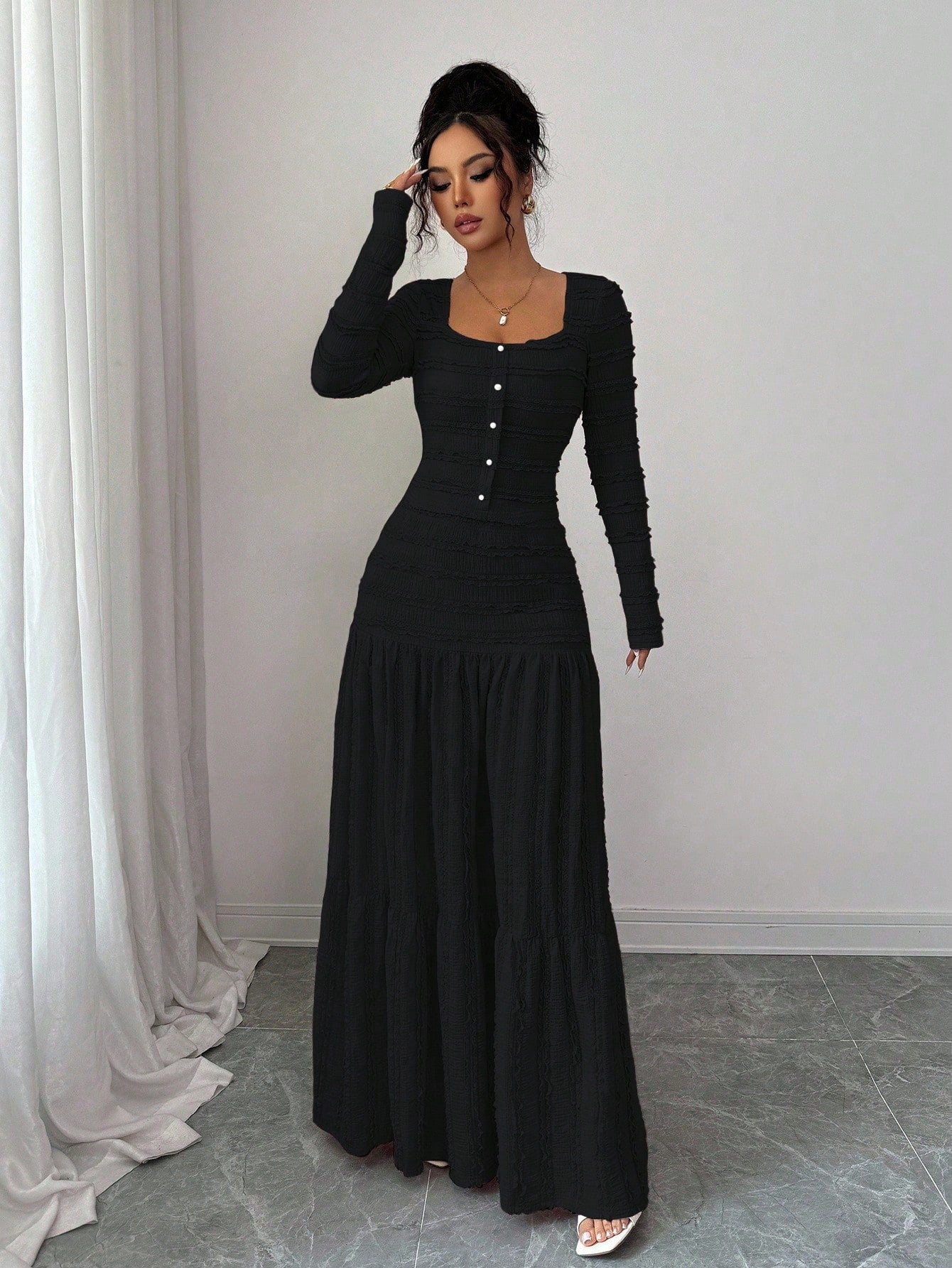 Vacation Style Long Sleeve Square Neck Button-Up Top With Paneled Design And Flared Skirt shein
