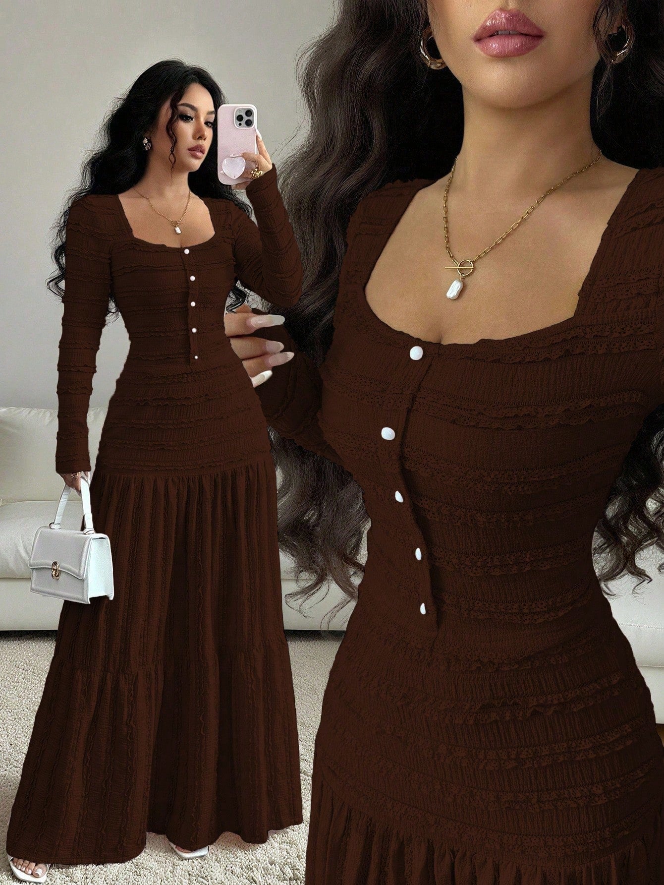 Vacation Style Long Sleeve Square Neck Button-Up Top With Paneled Design And Flared Skirt shein