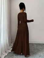 Vacation Style Long Sleeve Square Neck Button-Up Top With Paneled Design And Flared Skirt shein