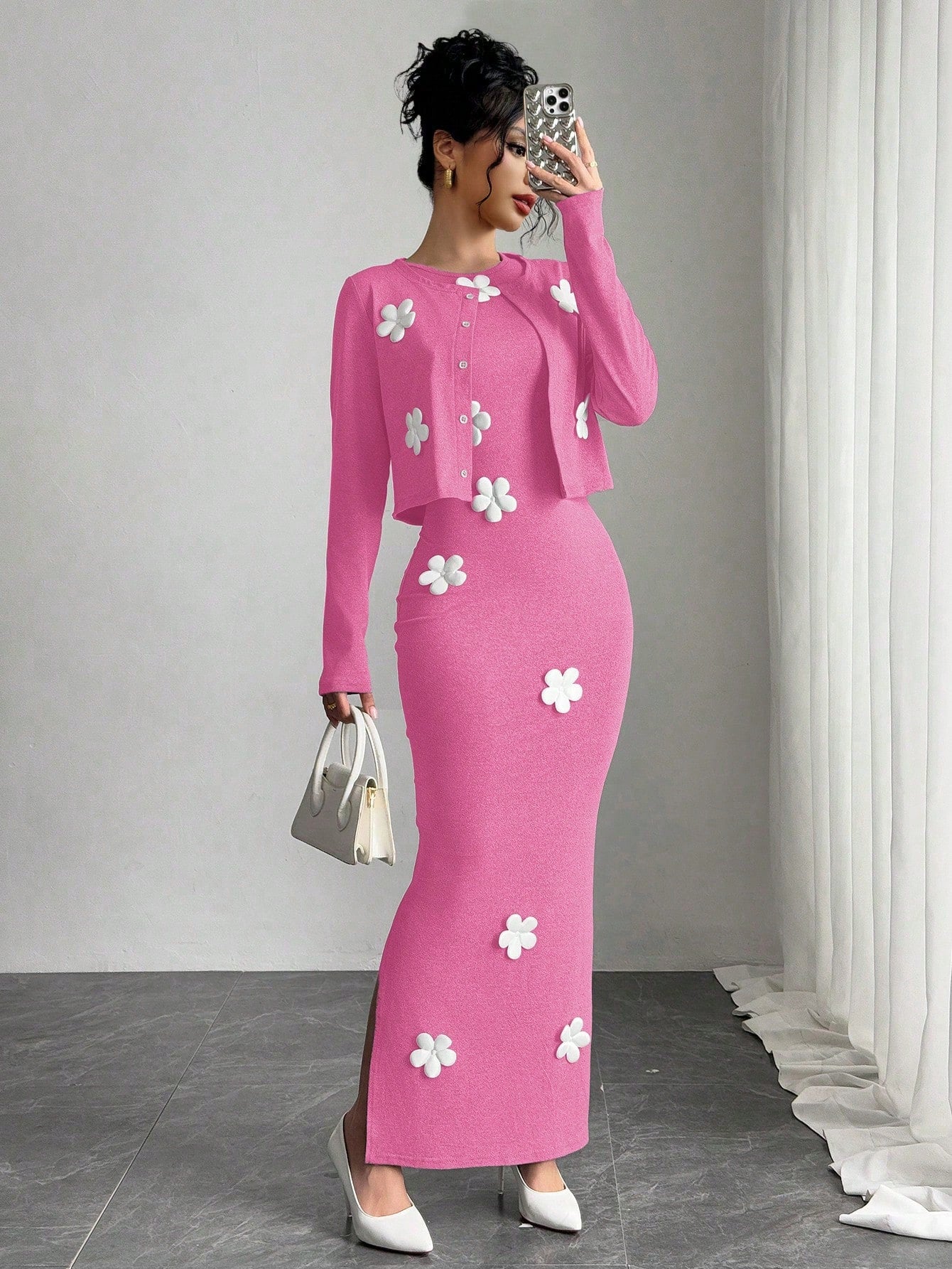 Elenzga Women Elegant Solid Color Jacket & Dress 2 Pieces Set