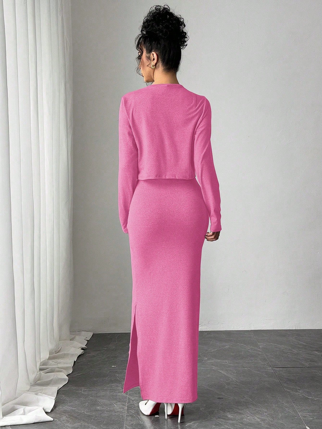 Elenzga Women Elegant Solid Color Jacket & Dress 2 Pieces Set