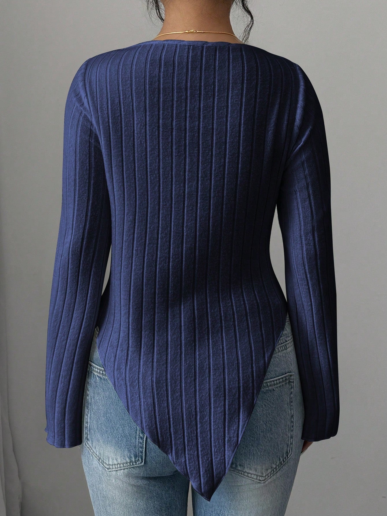 Elegant Ribbed Solid Color Asymmetric Hem Flare Sleeve T-Shirt shein