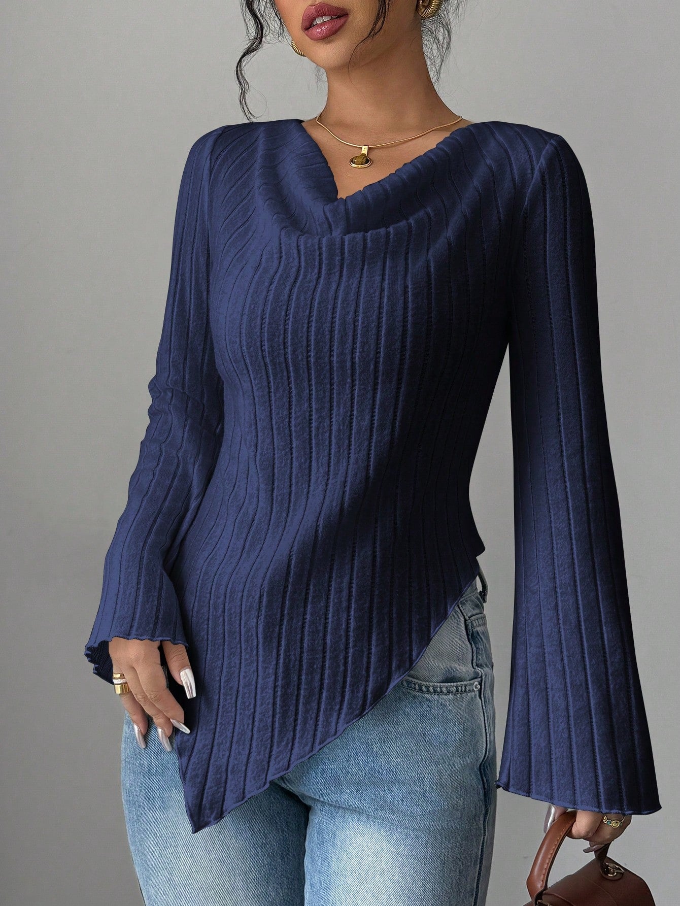 Elegant Ribbed Solid Color Asymmetric Hem Flare Sleeve T-Shirt shein
