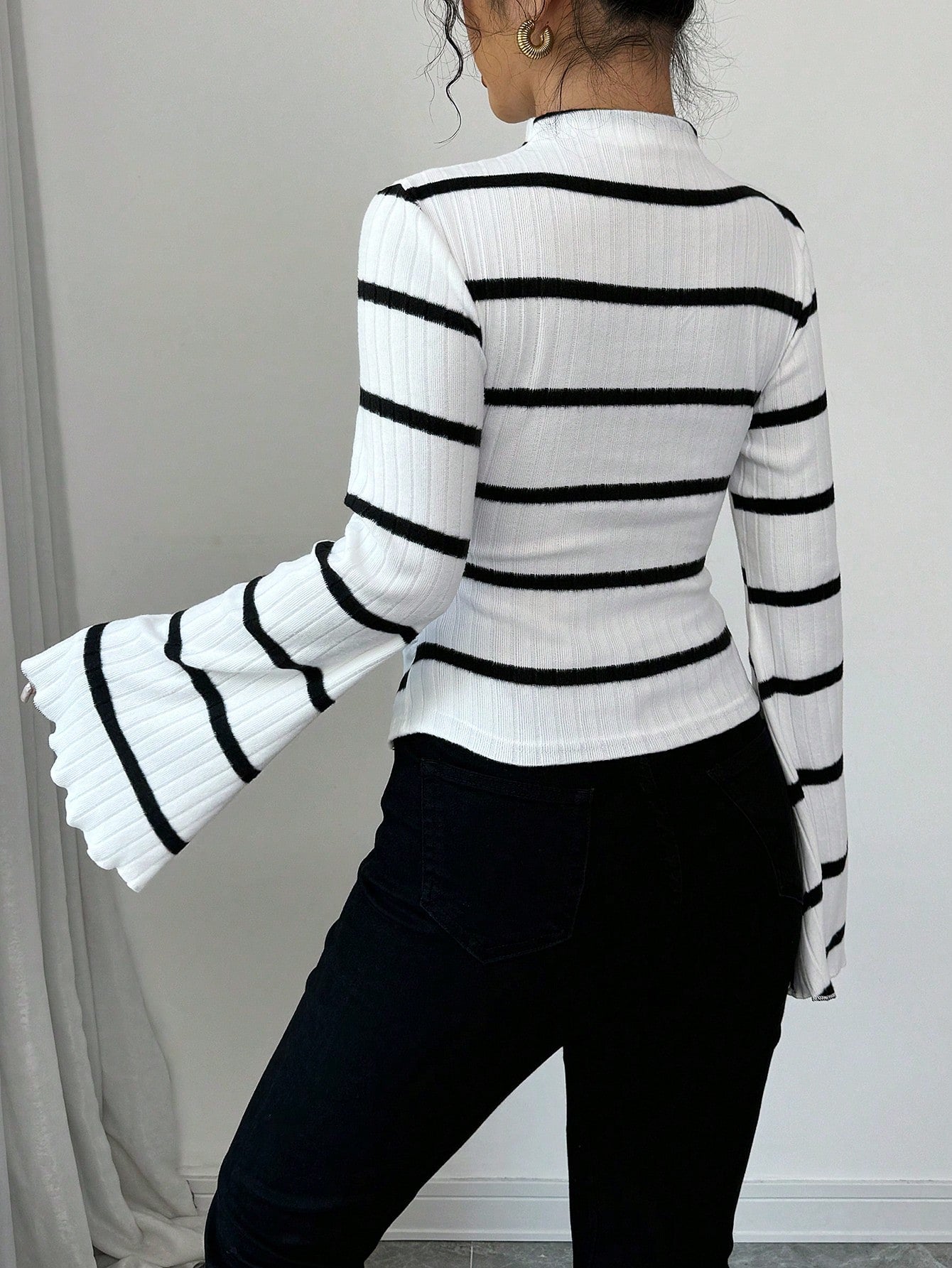 Women's Stand Collar Long Sleeve Striped Casual Top shein