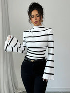 Women's Stand Collar Long Sleeve Striped Casual Top shein