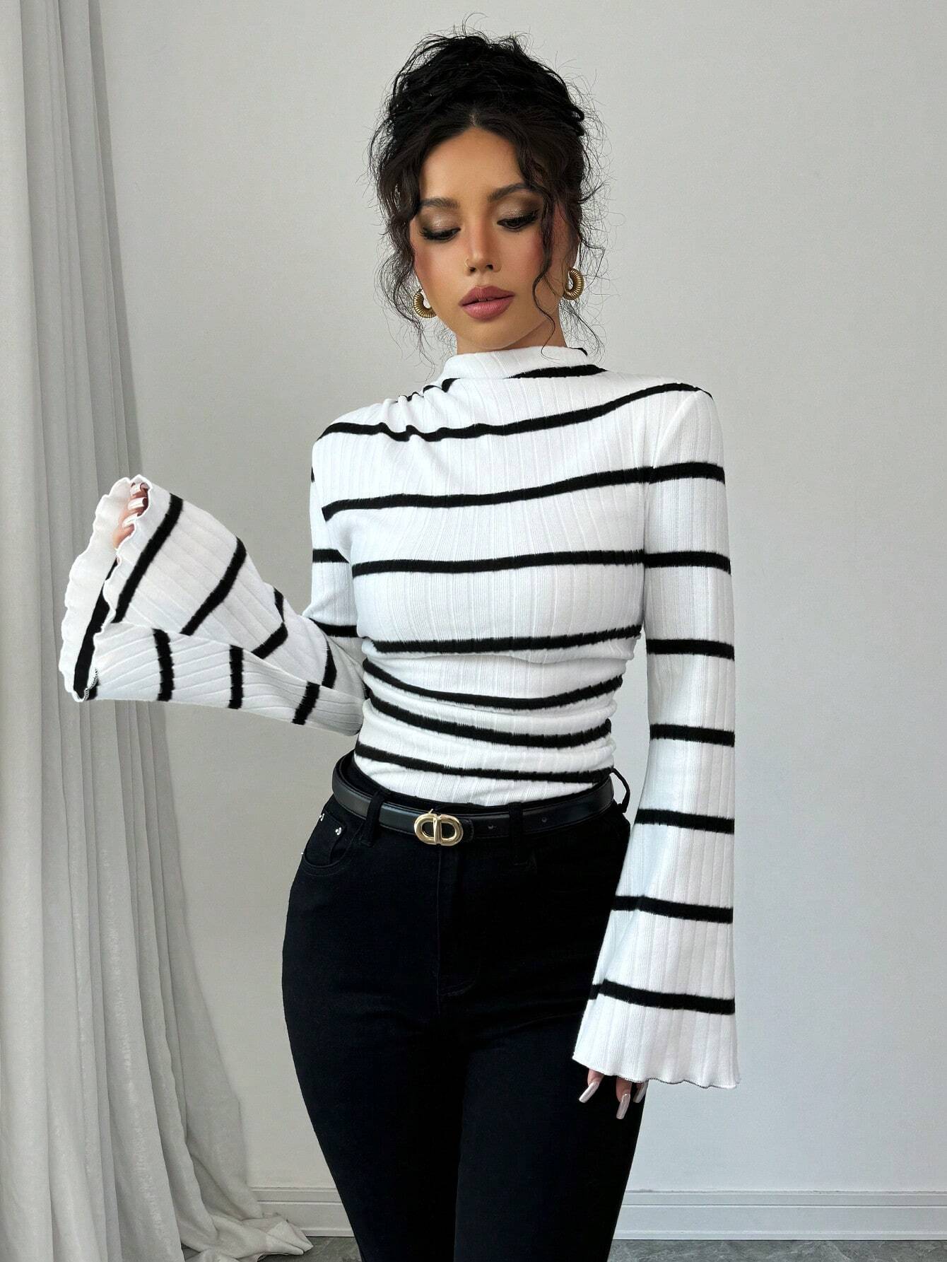 Women's Stand Collar Long Sleeve Striped Casual Top shein
