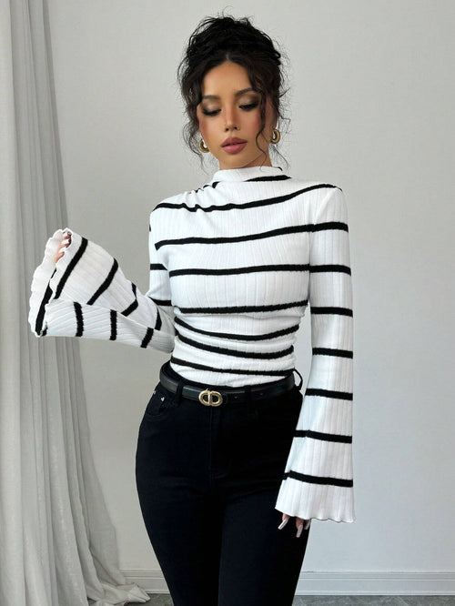 Women's Stand Collar Long Sleeve Striped Casual Top shein