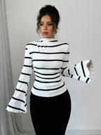 Women's Stand Collar Long Sleeve Striped Casual Top shein