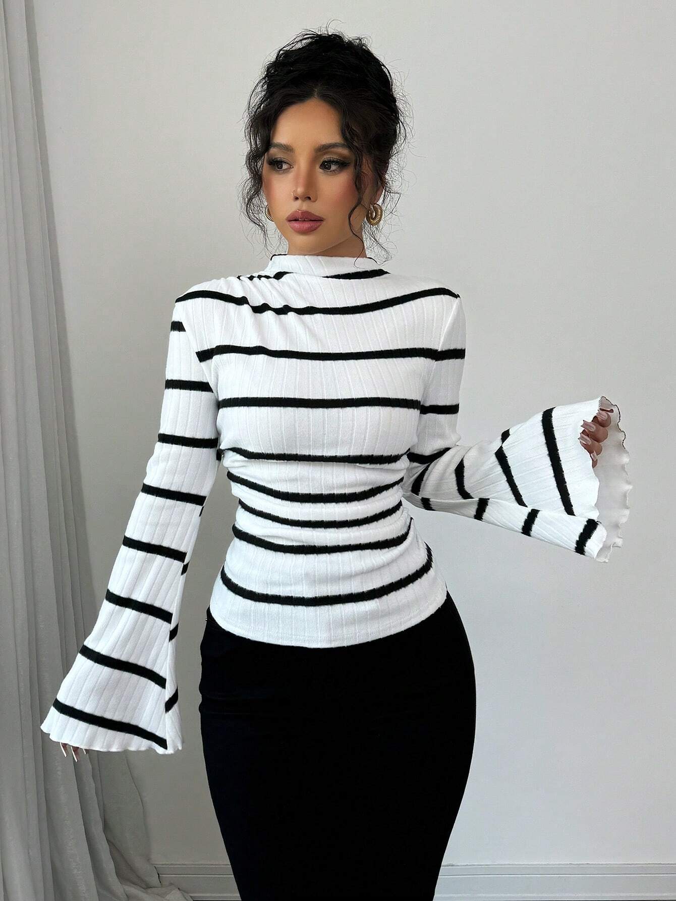 Women's Stand Collar Long Sleeve Striped Casual Top shein