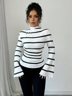 Women's Stand Collar Long Sleeve Striped Casual Top shein