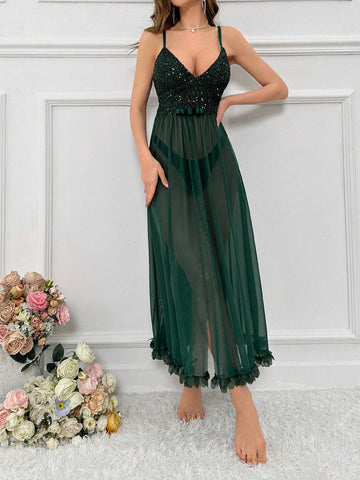 Sequin Patchwork See-through Mesh Cami Lingerie Dress For Home And Sleep shein