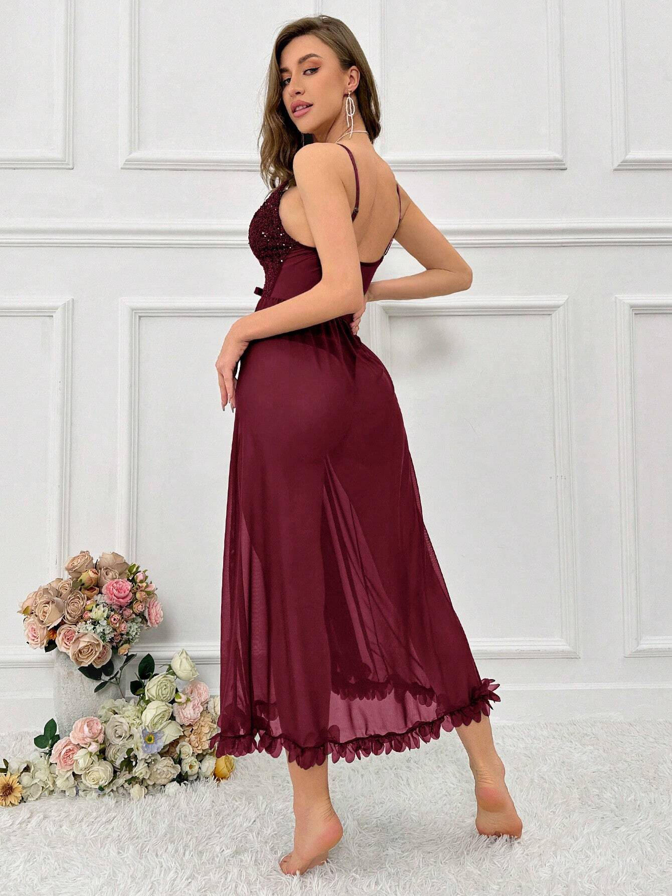 Sequin Patchwork See-through Mesh Cami Lingerie Dress For Home And Sleep shein