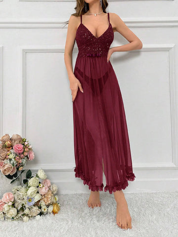 Sequin Patchwork See-through Mesh Cami Lingerie Dress For Home And Sleep shein