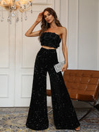 Sequin Tube Top & Wide Leg Pants Set shein