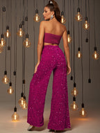Sequin Tube Top & Wide Leg Pants Set shein