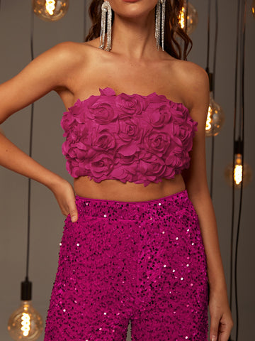 Sequin Tube Top & Wide Leg Pants Set shein