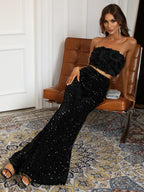 Sequin Tube Top & Wide Leg Pants Set shein