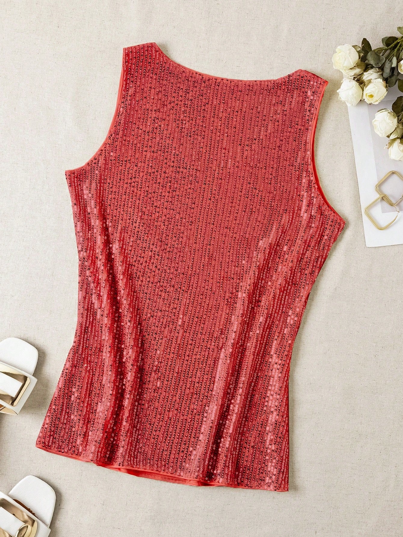 Sequin V-Neck Sleeveless Top shein